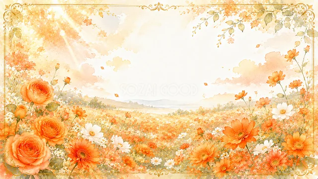 オレンジの花畑のオレンジ色の花水彩背景