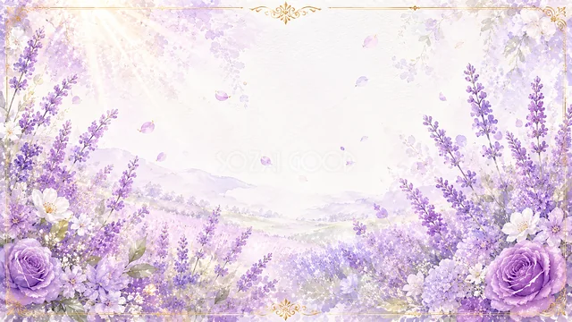 ラベンダー畑の紫の花園水彩背景