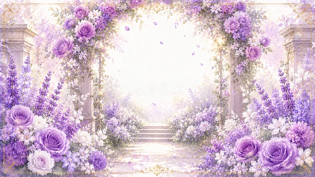 柱のある紫の花園の紫の花園水彩背景