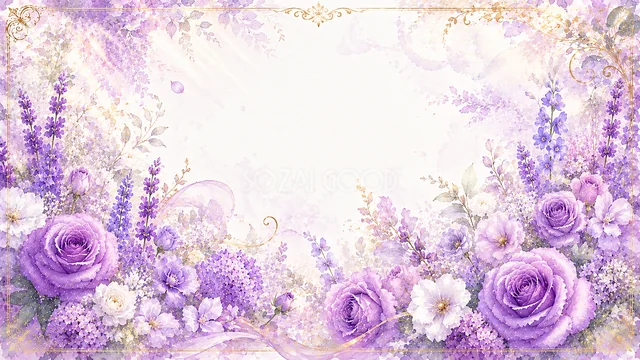 紫のバラの四角い囲みの紫の花園水彩背景