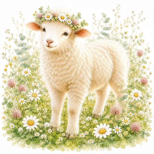 野花の花冠をつけたかわいい子羊（背景透過PNG）