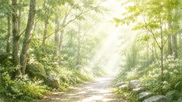 木漏れ日が差し込む緑豊かな森の小道を描いた水彩背景
