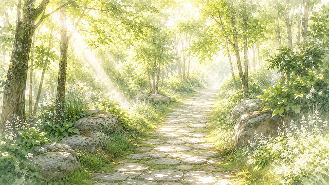 光芒が差し込む新緑の森の小道を描いた水彩背景