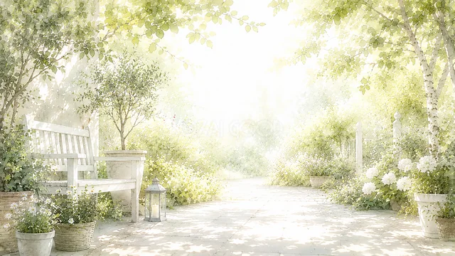 白いベンチと鉢植えの花がある明るい水彩ガーデン背景
