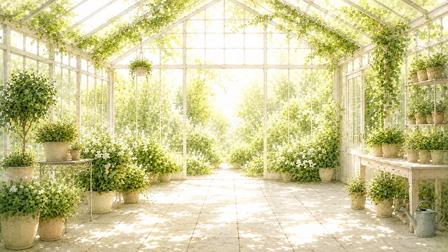 光あふれる温室と鉢植えを描いた水彩ボタニカル背景