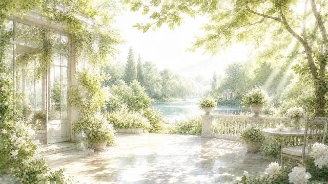 湖を望む白いベンチと花壇の水彩庭園背景