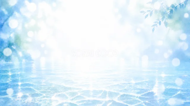 青い水面と光の玉ボケを描いた涼しげな水彩背景