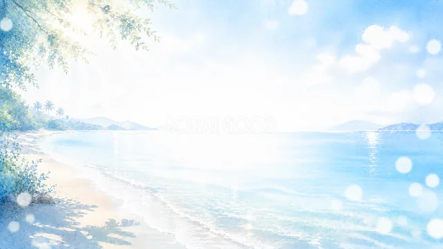 木陰から青い海を望む明るい水彩ビーチ背景