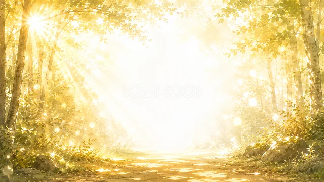光芒が差し込む黄金色の森の小道を描いた水彩背景