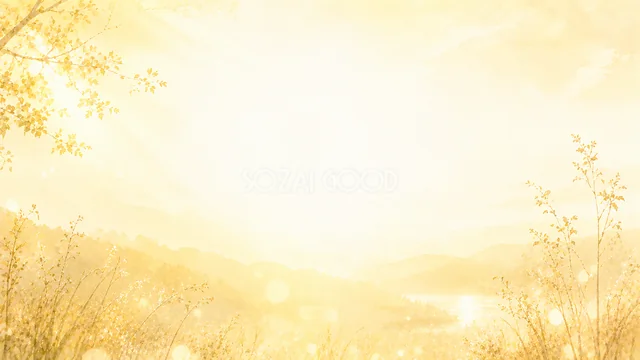 朝日に染まる山並みと草原を描いた淡い水彩背景