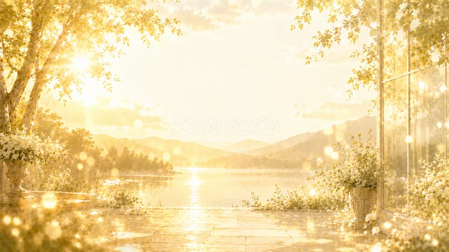 窓辺から夕日の湖と山を望む黄金色の水彩背景