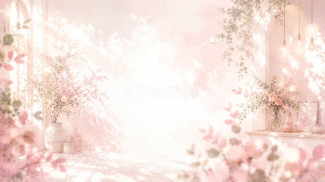 ピンクの花と窓辺を描いた明るい水彩室内背景