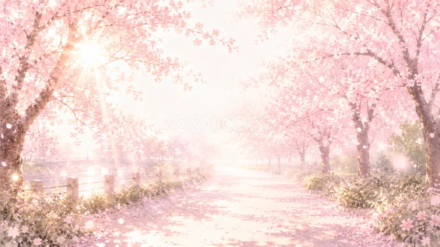 満開の桜並木と花びらを描いた明るい水彩背景