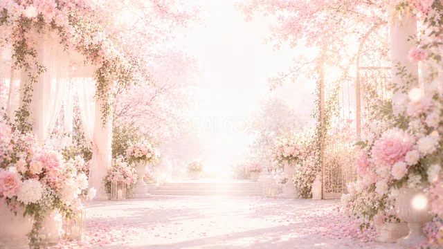 ピンクの花と白い柱で囲んだ水彩ガーデンホール背景