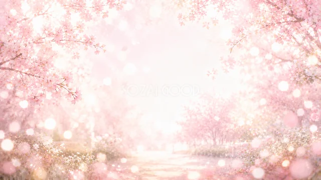 満開の桜と光の玉ボケに包まれた水彩並木道背景