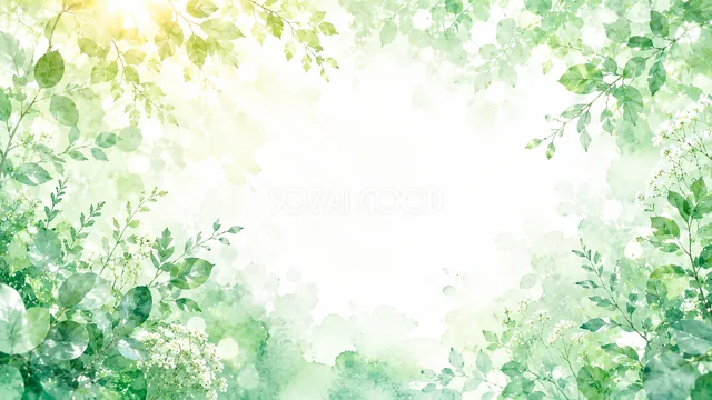 深い緑の葉を四辺に描いた水彩ボタニカルフレーム背景