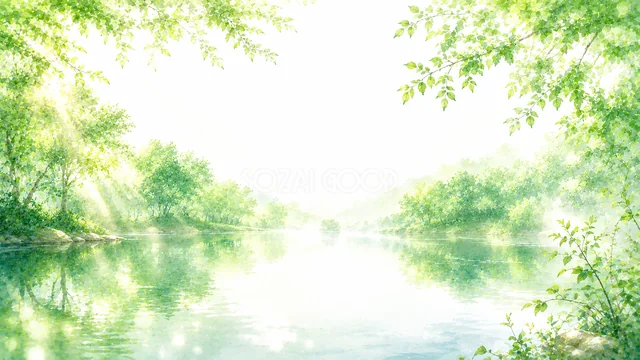 新緑の木々が水面に映る淡い水彩の湖背景