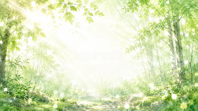 光芒が差し込む新緑の森の小川を描いた水彩背景