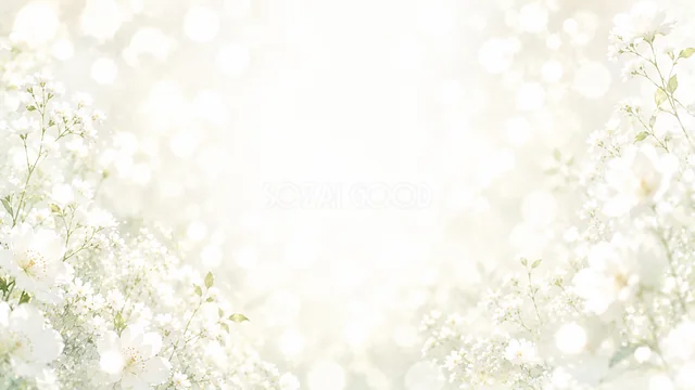 玉ボケと白い花の光あふれる白いボタニカル背景