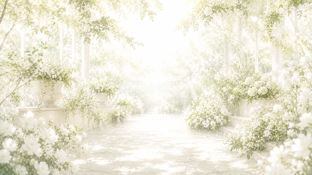 白い花のパーゴラの光あふれる白いボタニカル背景