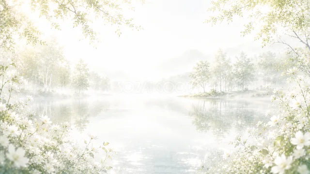 白い花に囲まれた池の光あふれる白いボタニカル背景