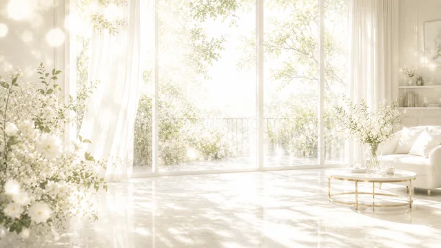 明るい白い部屋の光あふれる白いボタニカル背景