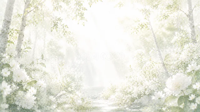 白樺と小さな滝の光あふれる白いボタニカル背景