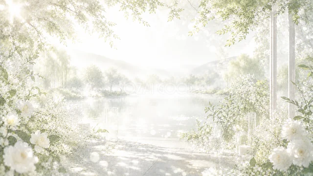 緑の温室庭園の光あふれる白いボタニカル背景