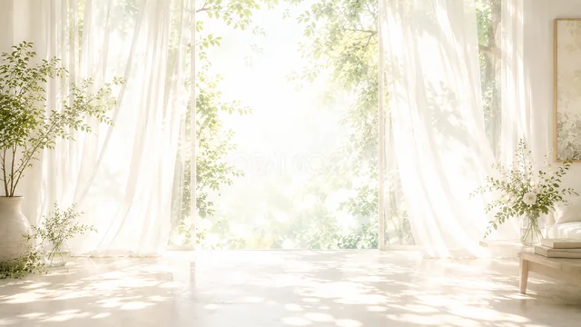 白いカーテンと観葉植物を飾った明るい水彩室内背景