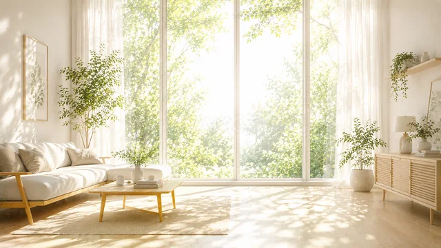 白いソファと観葉植物を置いた明るい水彩リビング背景