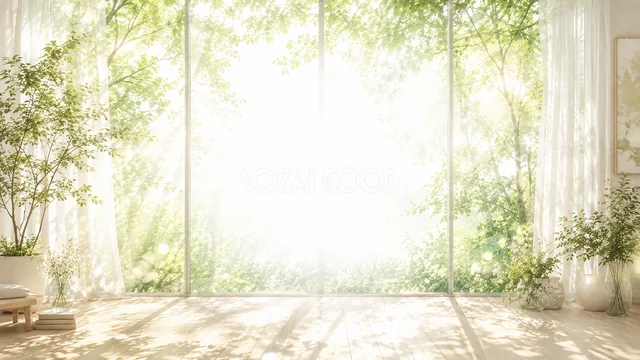 新緑を望む大きな窓の水彩ナチュラル室内背景