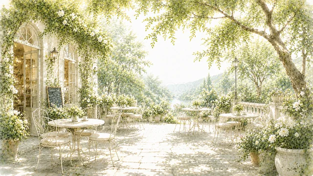 白い花と木陰に囲まれたガーデンカフェ背景