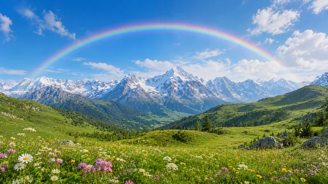 高原の花畑と山並みに架かる淡い虹の背景