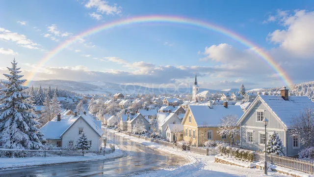 雪に包まれた白い村と空に架かる虹の冬背景