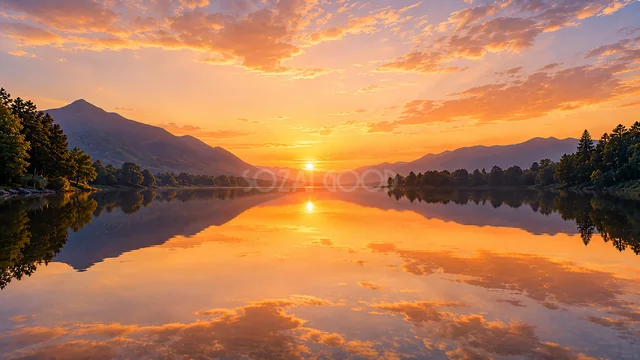 夕日とオレンジ色の空が湖面に映る夕景背景