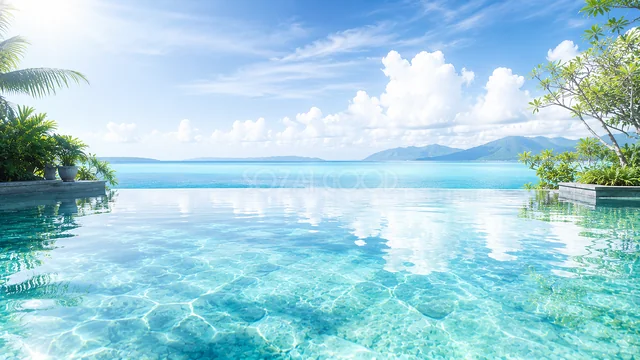 南国の海を望む透明なインフィニティプール背景