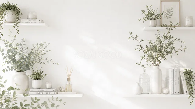 棚と観葉植物の白いボタニカル背景フレーム