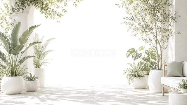 鉢植えのある白い部屋の白いボタニカル背景フレーム
