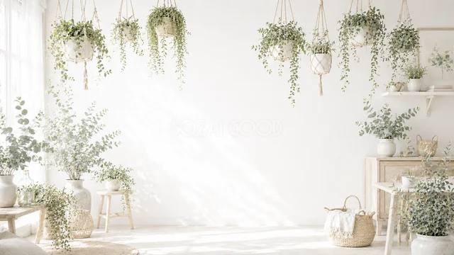 吊り下げ観葉植物の白いボタニカル背景フレーム