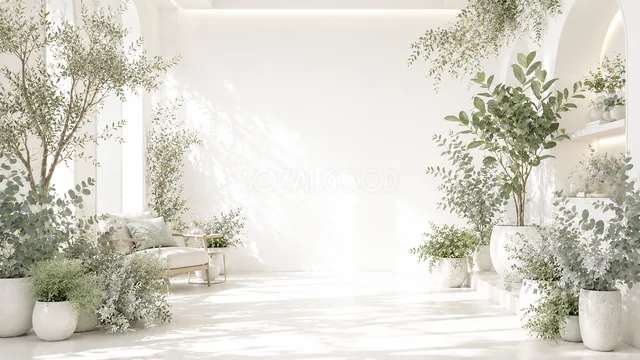 鉢植えのある部屋の角の白いボタニカル背景フレーム