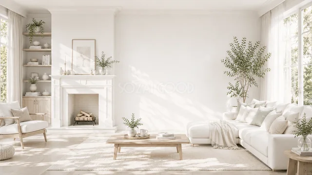白い暖炉とソファを配した明るいリビング背景