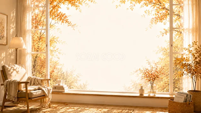 紅葉を望む大きな窓と椅子の明るい秋のリビング背景