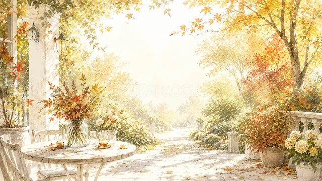 紅葉と白い花に包まれたガーデンテラスの秋背景