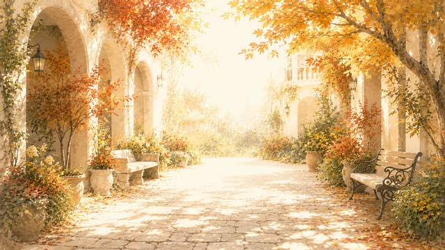 紅葉に包まれたヨーロッパ風の中庭と石畳の秋背景