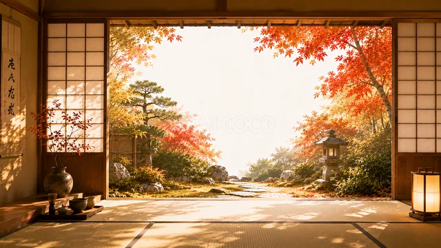灯籠と紅葉の庭を望む落ち着いた和室の秋背景