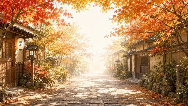 赤い紅葉に包まれた古い日本の町並みと石畳の秋背景