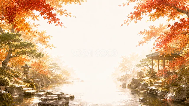 紅葉と石灯籠に囲まれた日本庭園の池の秋背景・コピースペース