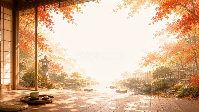 紅葉と山並みを望む畳の和室の秋背景・コピースペース