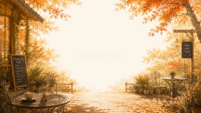 紅葉の湖畔にある開放的なカフェテラスの秋背景・コピースペース