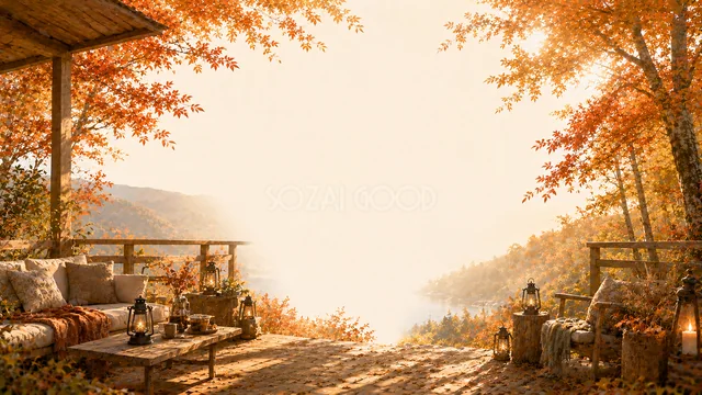 紅葉と湖を望む屋根付きウッドデッキの秋キャンプ背景